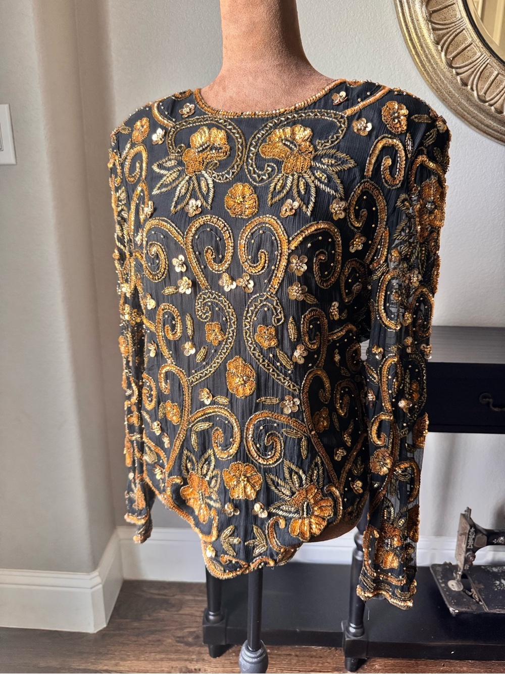 Vintage Laurence Kazar Black 100% Silk Beaded XL Top / Floral Gold Sequins